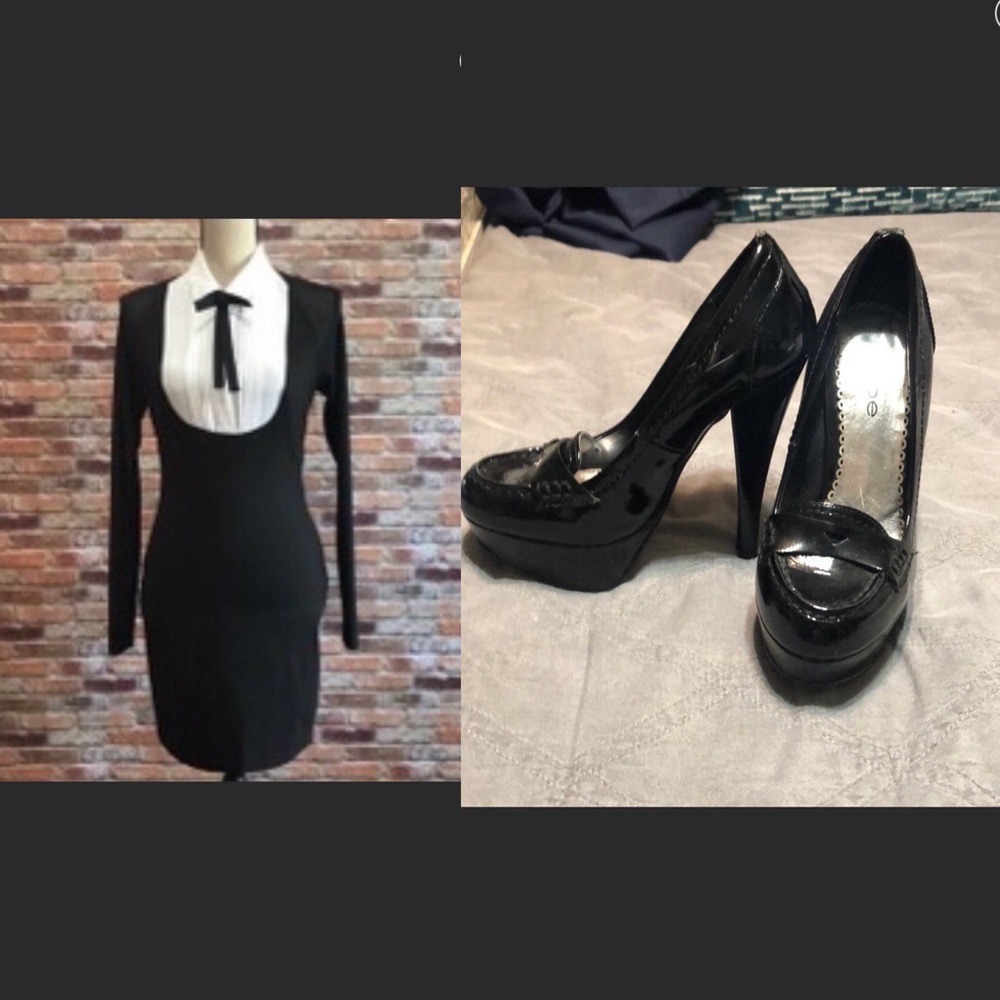 School girl Tuxedo pussybow tight dress